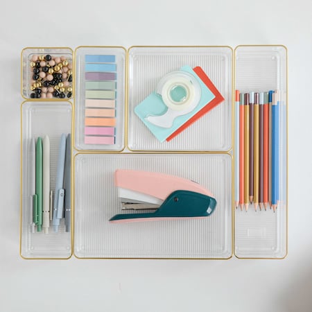 Martha Stewart Kerry Plastic Stackable Office Desk Drawer Organizers with Gold Trim, Set of 6 BE-PB3685-G-6-CLRGLD-MS